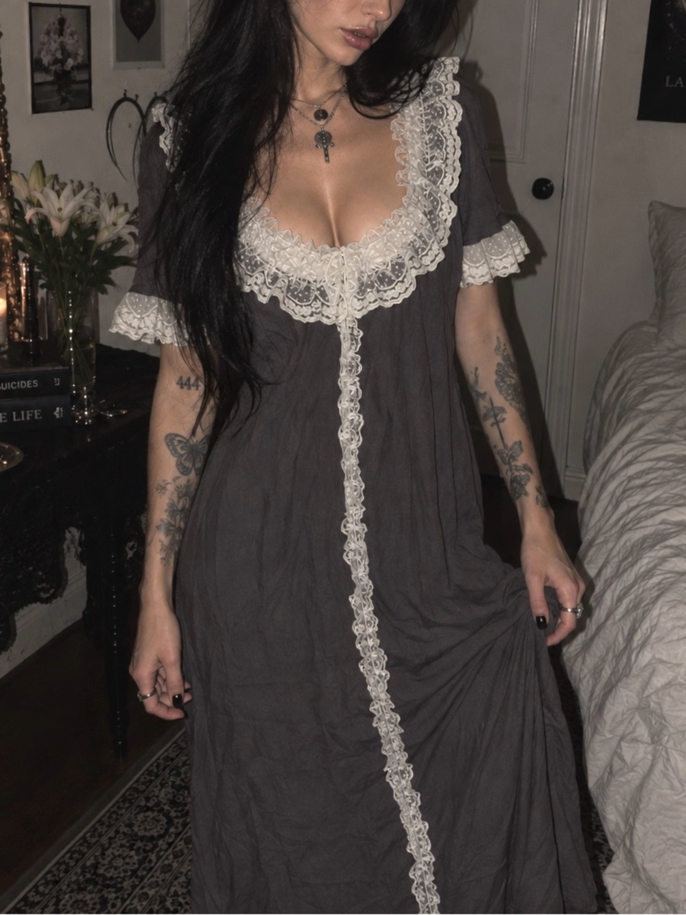 Dolls Vintage Styled Lace Trim Nightgown in Light Gray- Women’s Cozy Essentials